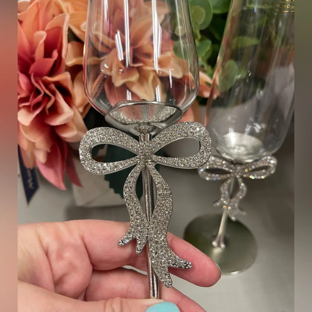 Rhinestone Bow Ribbon Coquette Glass Silver Champagne Flute Glasses Set of 2 NWT